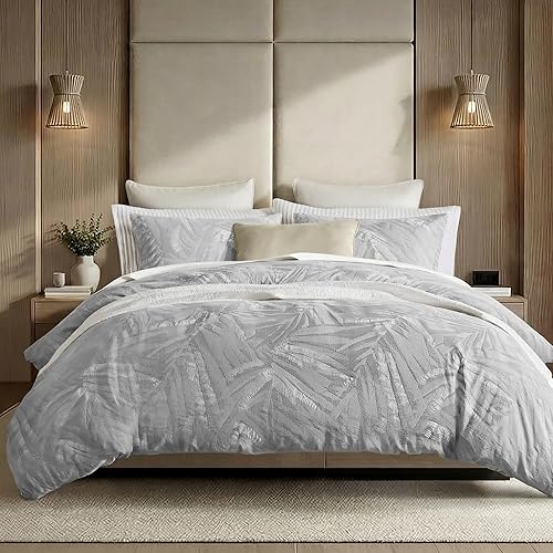 Harbor House King Duvet Cover Set, Cotton Gauze Duvet Set, Lightweight Breathable Bedding Set, Coastal Boho Neutral Duvet, Soft All Season Bed Set, Jacquard Botanical Pattern Light Grey
