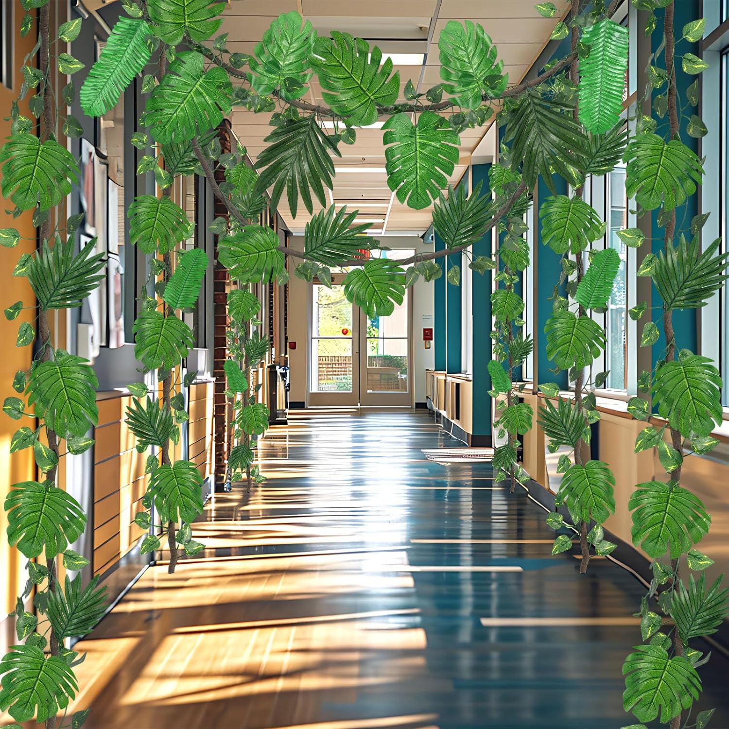 47 Pcs Jungle Theme Party Decorations Set 2 Artificial Rattans 5 Ivy Fake Vines 40 Tropical Palm Leaves Rainforest Decorations for Indoor Outdoor Safari Greenery Garden Forest Party Decor
