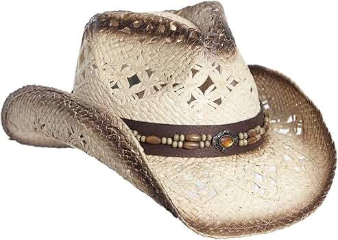 Vamuss Straw Cowboy Hat W/Vegan Leather Band & Beads