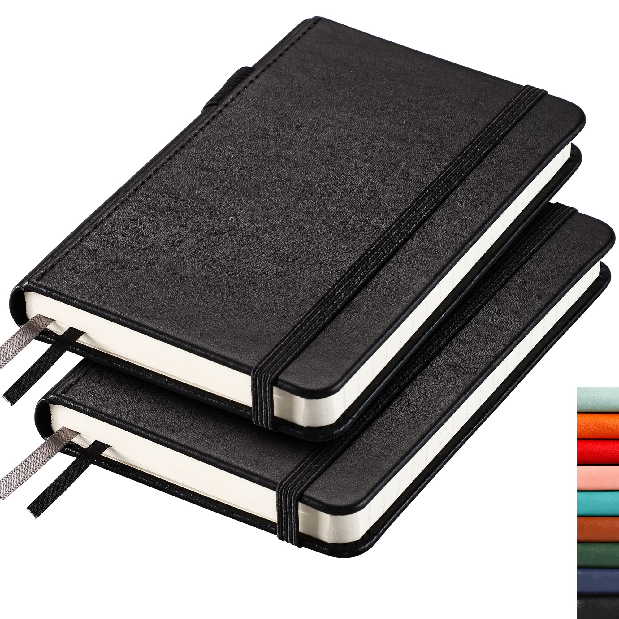 Pocket Notebook A6 Mini Notepad 2 Pack Small Hardcover Journal with Content,312 Numbered Pages, 2 Inner Pocket, 100gsm Lined Paper 8.5 x 14 cm - Black Black