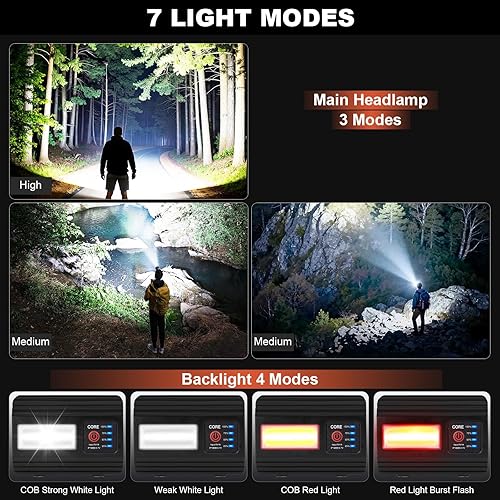 Miniatura 4 de Linterna frontal recargable superbrillante, 2 unidades de 99000 lúmenes con 7 modos, ajustable en 180 para la frente, impermeable, para camping,