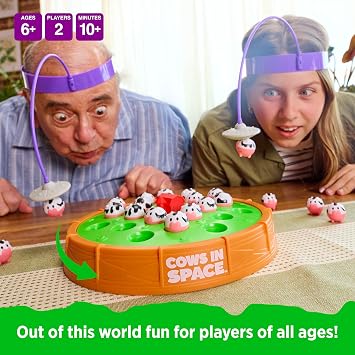 Cows in Space By Relatable - 2026 Toy of The Year Finalist, The Kid-Friendly Extraterrestrial Fun 2 Player Games - Includes 2 UFO Headbands, 1 Electronic Spinning Base, 21 Cows, and Instructions