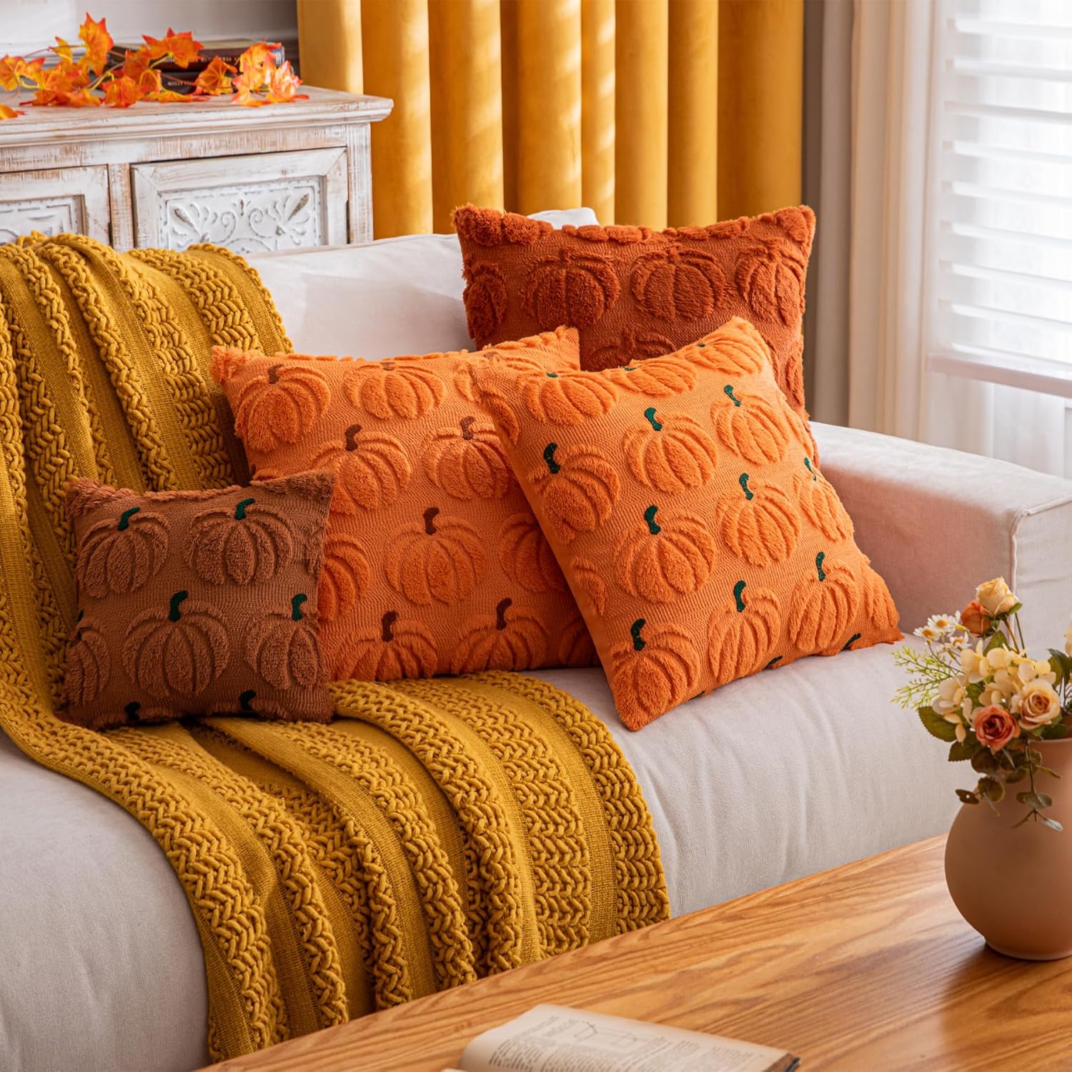 Pumpkin Fall Decorative Throw Pillow Covers 20"x20", Set of 2 Orange Green Soft Faux Fur Pillow Covers for Autumn Harvest, Fluffy Plush Accent Pillow Cases for Farmhouse Halloween Decor