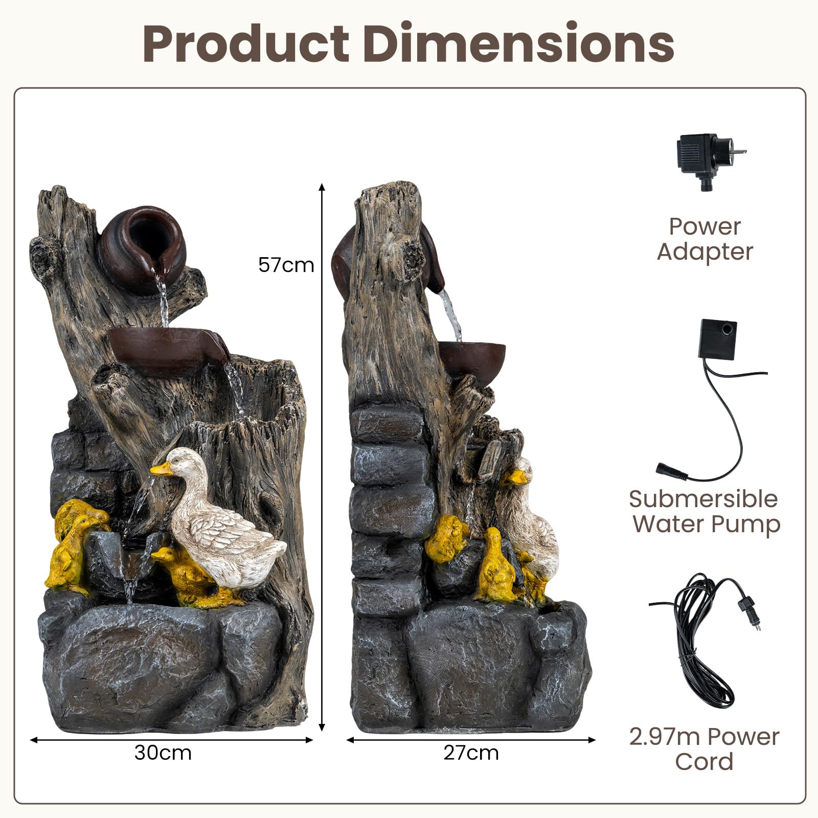 HOMASIS Gartenbrunnen, 57 cm Terrassenbrunnen mit LED-Beleuchtung | Springbrunnen wetterfest aus Kunstharz mit Pumpe, Wasserbrunnen mit Teekannen, Steinoptik & Enten für Garten & Terrasse