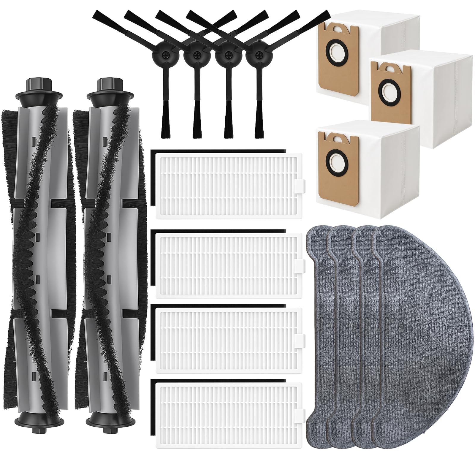 HUIZHENReplacement Parts Kit for HONITURE Q6 Pro, for Laresar L6 Pro, for AIRROBO T10+, for Neabot N2 Robot Vacuum Cleaner Accessories,2 Main Brush, 4 Side Brush, 4 Hepa Filter, 4 Mop Pad,3 Dust Bag