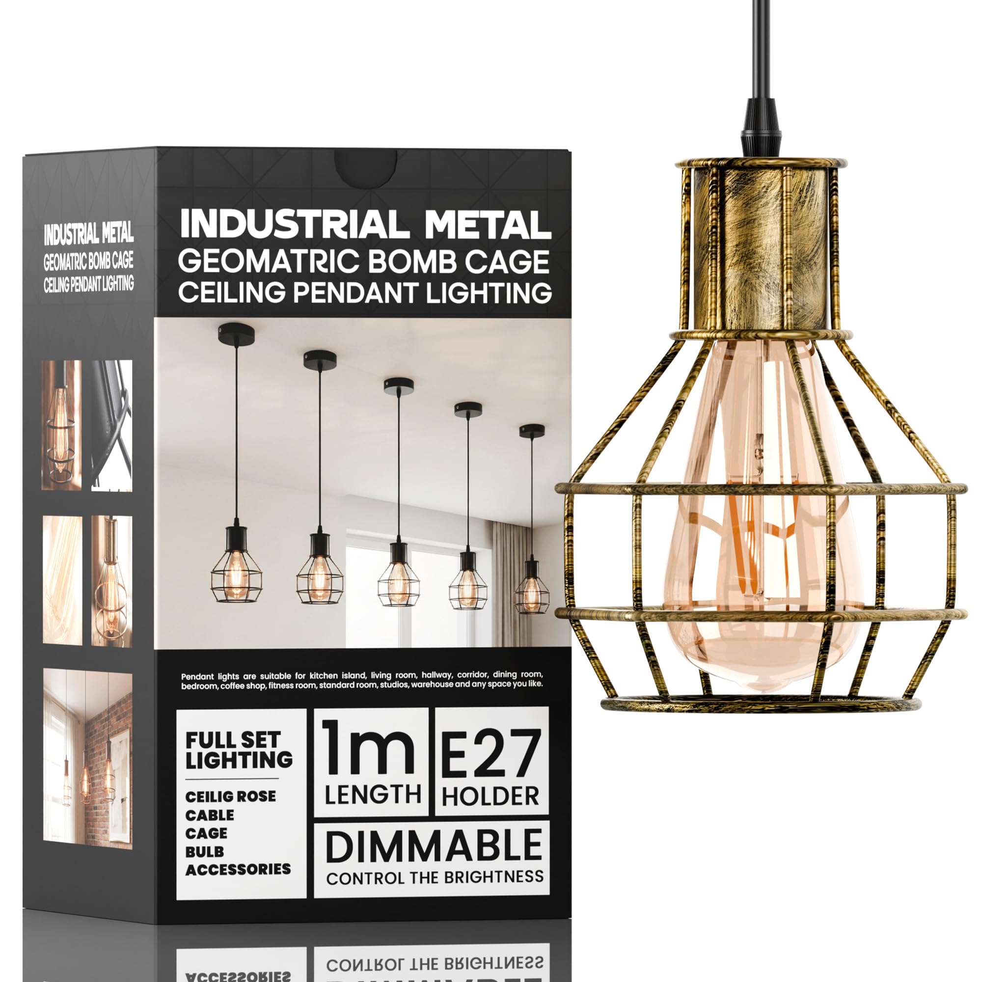 DC VOLTAGE Brushed Copper Cage Pendant Light E27 with Bulb, 90cm Adjustable Wire Basket Ceiling Lantern, Industrial Metal Hanging Lamp for Kitchen Dining Room Hallway