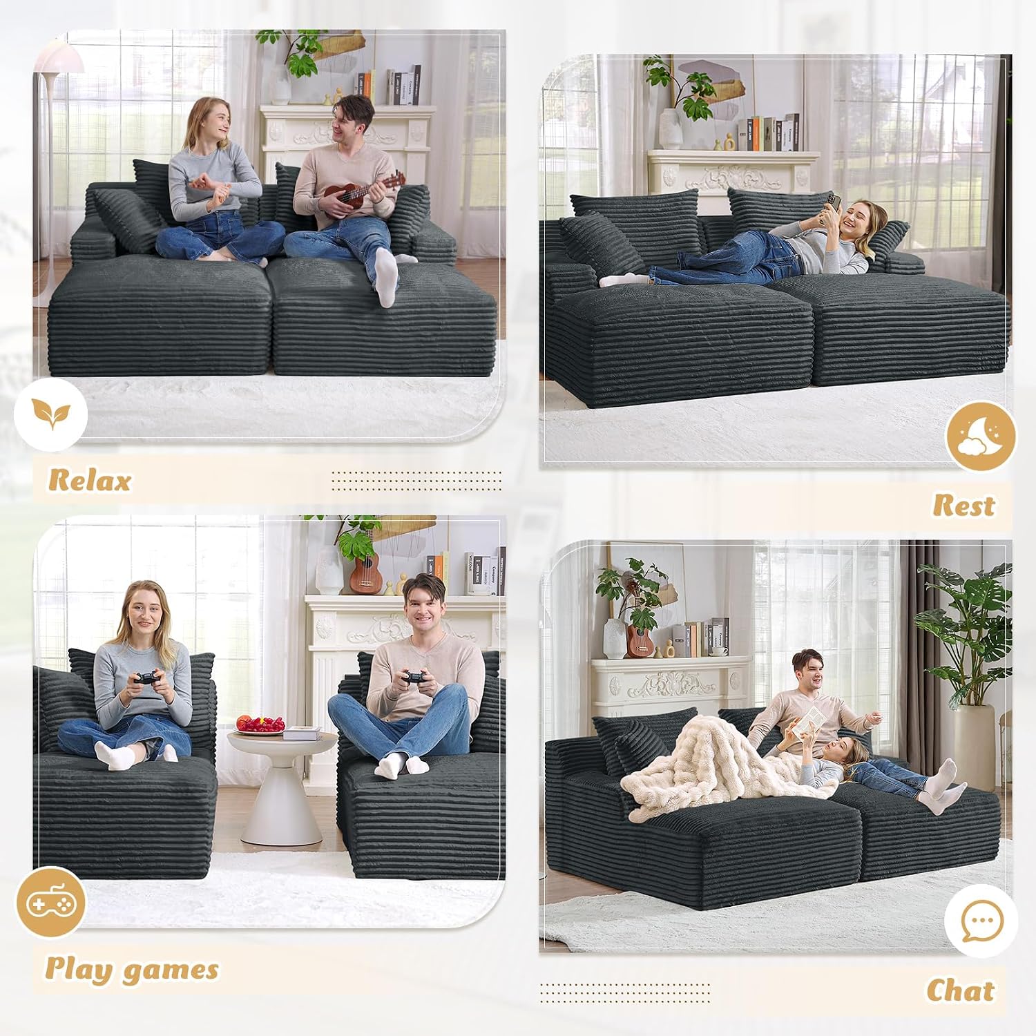 Oversized Chaise Lounge Chair Indoor,78.7"W Upholstered Corduroy Cloud Sofa Boneless Couch,Modern Deep Seat Comfy Sofa Chair,Loveseat Sleeper Couch Bed for Livingroom,Bedroom,No Assembly(Dark Grey)
