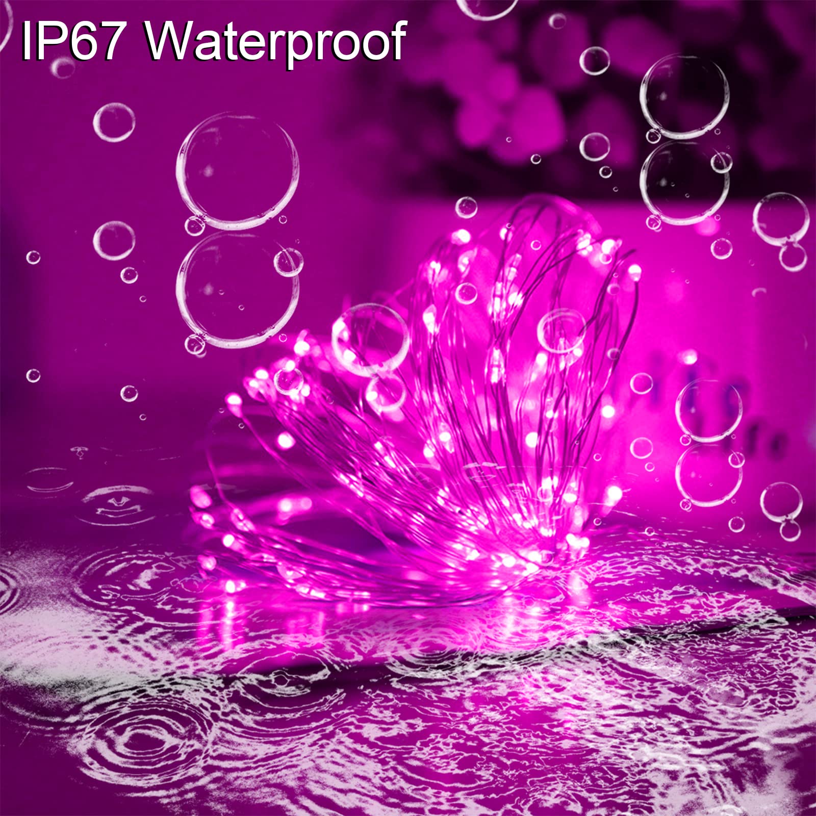 Guirnalda de luces solares de Navidad rosa para exteriores, impermeable, 100 LED (paquete de 2) 8 modos de cadena de luces de cobre para el día de San Valentín, jardín, patio, valla, balcón,