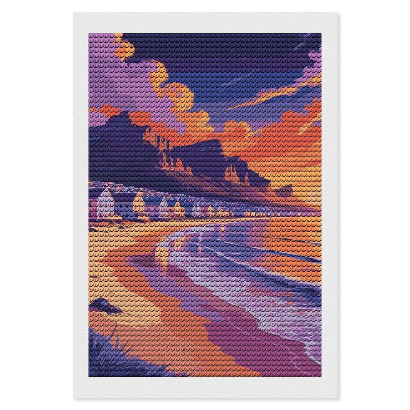 Junmoney Coastal Town at Sunset Illustration Diamond Painting Kit 8"x12", Festive Craft Gift, Bedroom Decor, Full Kit Included, Creative Gift Idea