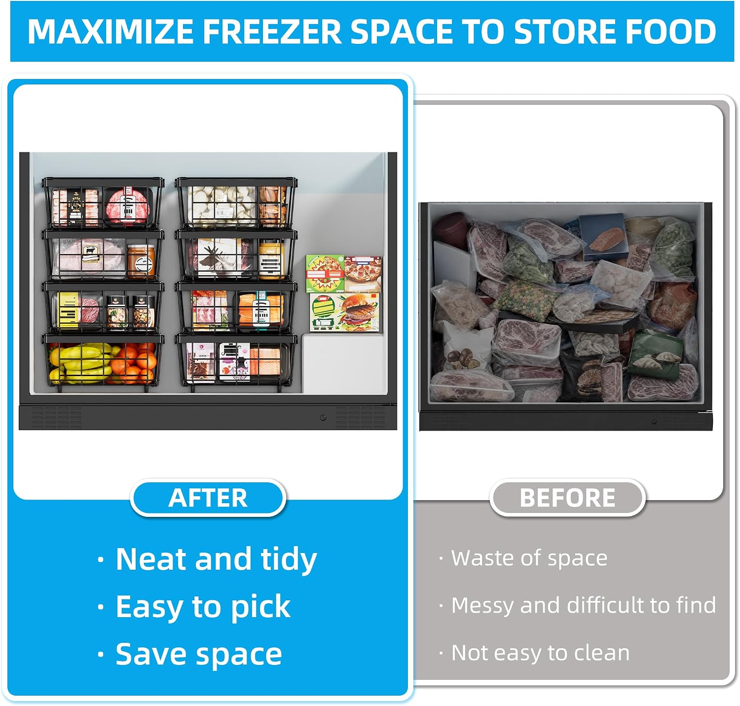 Expandable Freezer Organizer Bins-Stackable Wire Chest Freezer Baskets with Foldable Handles, 11.2'' to 17.7'' Large Capacity Deep Freezer Organizer for Upright & Chest Freezers