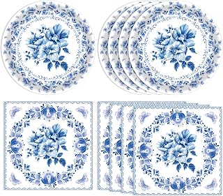 40 piezas de decoraciones florales de cumpleaños con temática de flores azules y blancas, vajilla desechable, platos y servilletas azules, suministros de fiesta para boda, baby shower, despedida de