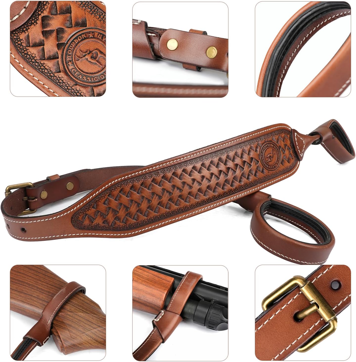 TOURBON Leather No Drill Rifle Sling Adjustable Gun Strap Non-Swivel Shotgun Sling for Hunting Shooting