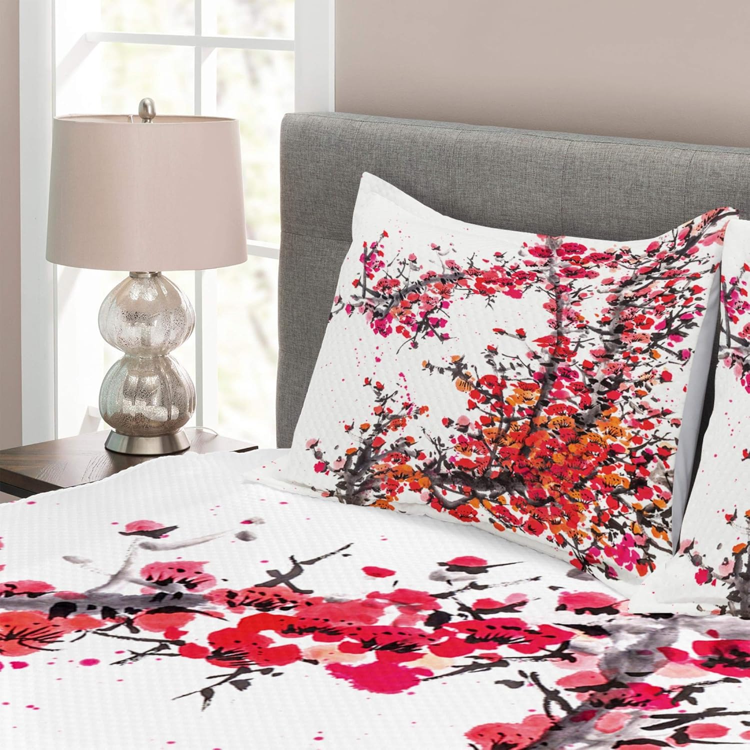 Blасk Frіdау - 50% оƒƒ Lunarable Japanese Bedspread, Japanese Cherry Blossoms in Watercolor Brush Style Eastern Vibrant Oriental Art, Decorative Quilted 3 Piece Coverlet Set with 2 Pillow Shams, Queen Size, Orange Red
