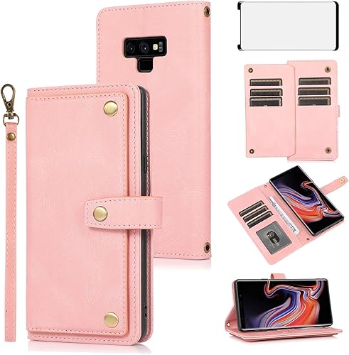 Asuwish Funda de teléfono para Samsung Galaxy Note 9 y protector de pantalla de vidrio templado, soporte para tarjeta de crédito, correa de muñeca,