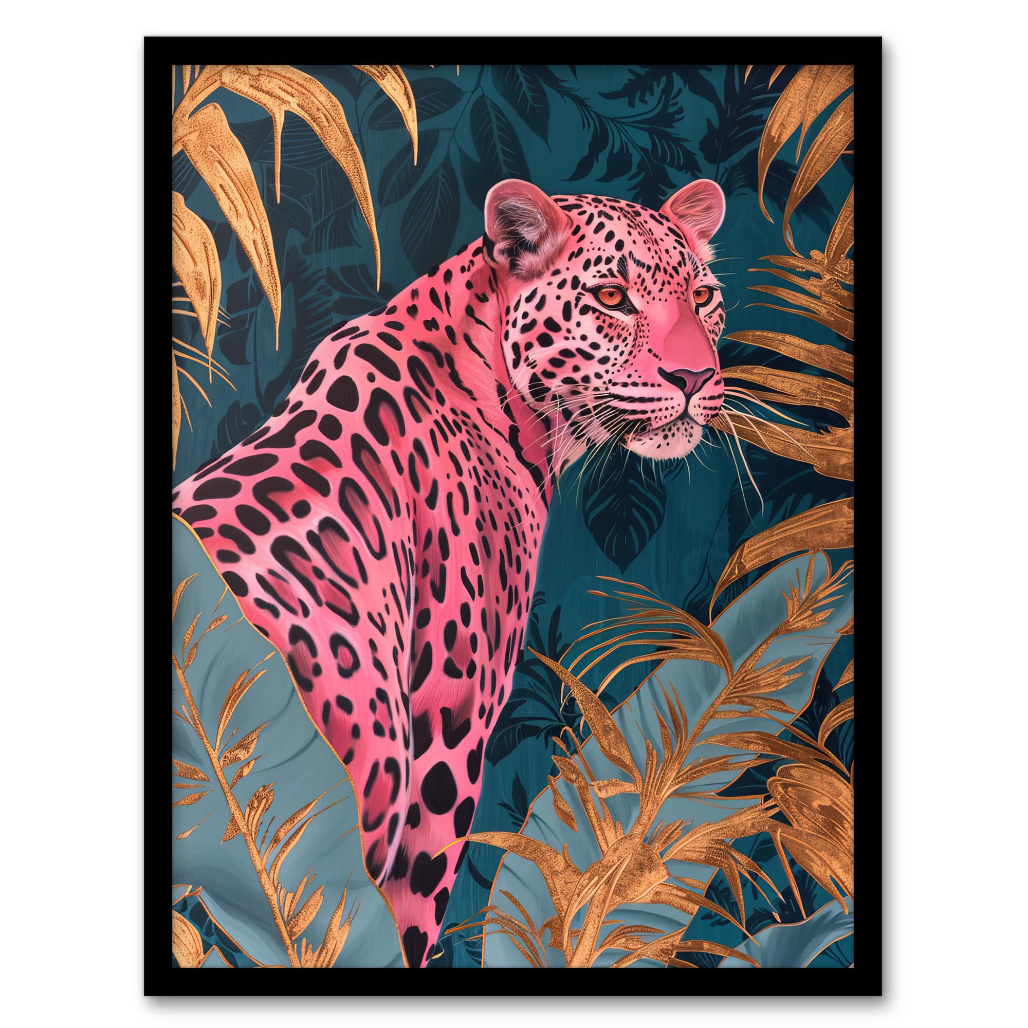 Elegant Pink Leopard in Blue Gold Tropical Jungle Wall Art Poster Print