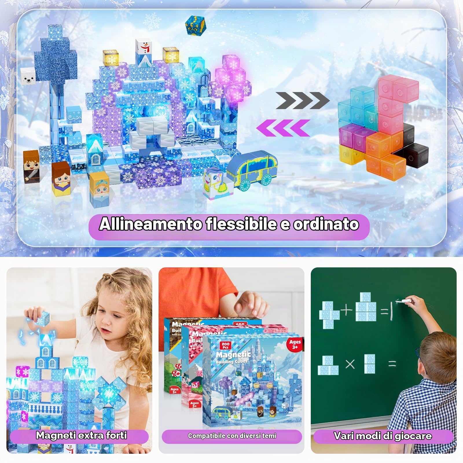 GraceDuck Costruzioni Magnetiche per Bambini 200 Pezzi - Costruisci Castelli di Ghiaccio e Neve, Esplora un Incantato Mondo Invernale, Giocattolo Educativo Ideale Regalo per Età 4-12 Anni
