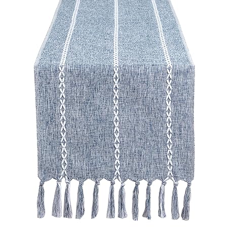 GSG Rustic Table Runner Boho Style Linen 120 Inch Long, Farmhouse Table Runner with Tassels for Holiday Party Dining Room Kitchen,13 x 120 Blue Long Dresser Scarf