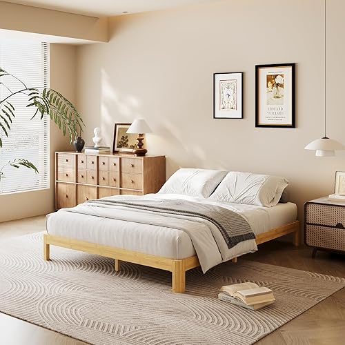 Miniatura 3 de COMASACH Cama de plataforma de madera Queen de 10 pulgadas, marco de cama de madera de mediados de siglo, tamaño Queen, no necesita somier, acabado