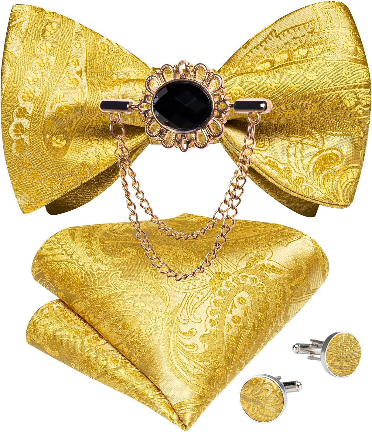 DiBanGu Paisley Floral Bow Tie Set with Lapel Pin Formal Wove Self Bow Tie Pocket Square Cufflinks Set