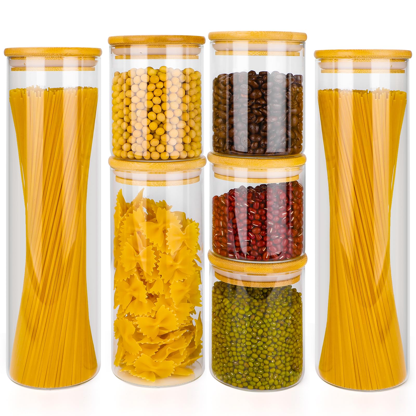 Bocaux en Verre avec Couvercle en Bambou - Set de Rangement Cuisine Hermétique 7 Pièces (2×1400ml, 3×500ml, 1×400ml, 1×900ml)