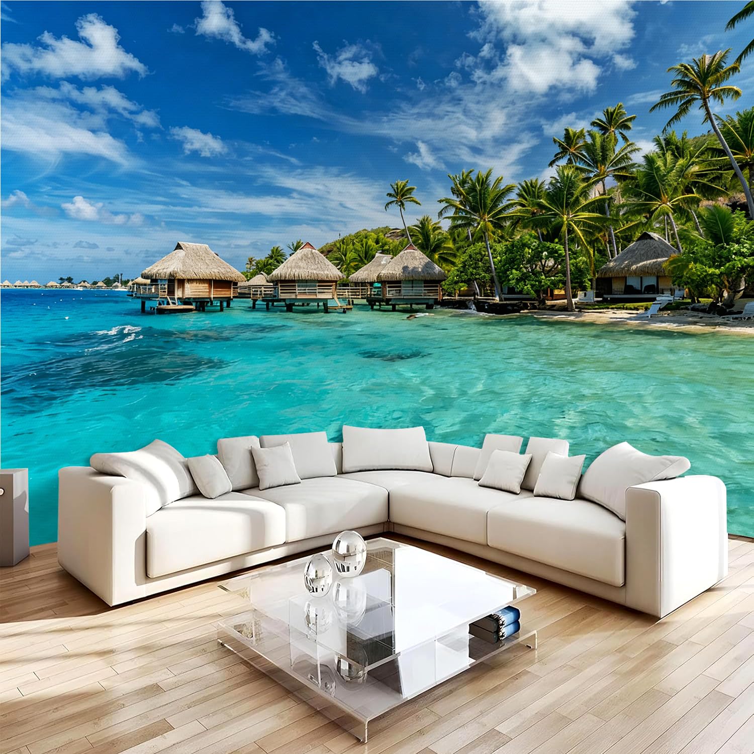 Papier peint panoramique 3D mer poster mural intissé Maldives 200x140 cm