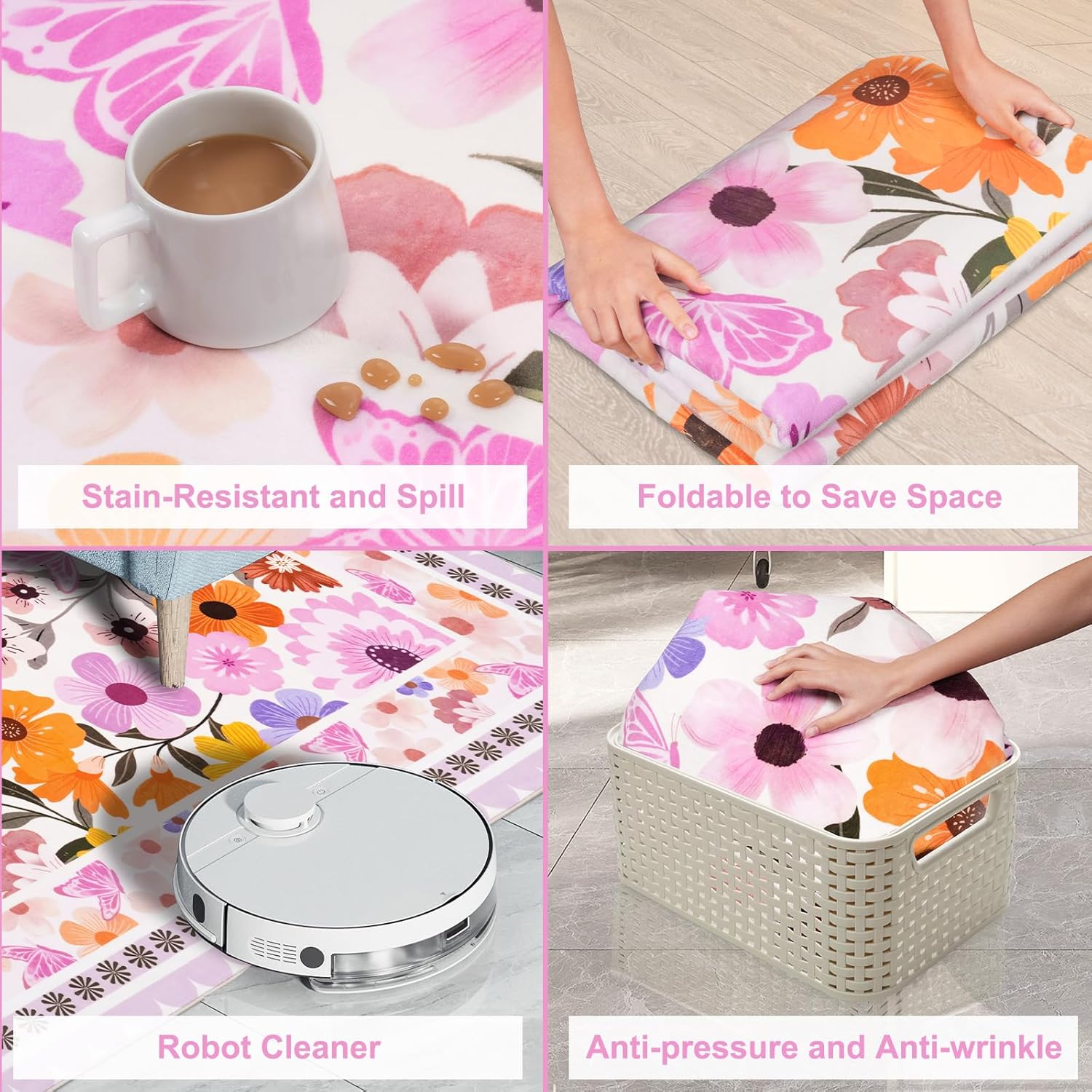 4x6 Area Rugs for Living Room - Washable Bedroom Rug Soft Low Pile Floral Print Rug Dining Room Mat Carpet with Non-Slip Backing, Pink