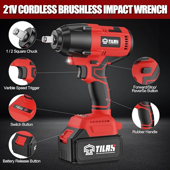 Cordless Impact Wrench 560Ft-lbs(750N.m) 1/2 inch High Torque 21V 2x 4.0Ah Battery Electric Power Impact Gun Brushless Motor 2300RPM Speed Fast Charger 5 Sockets for Car Lug Nuts