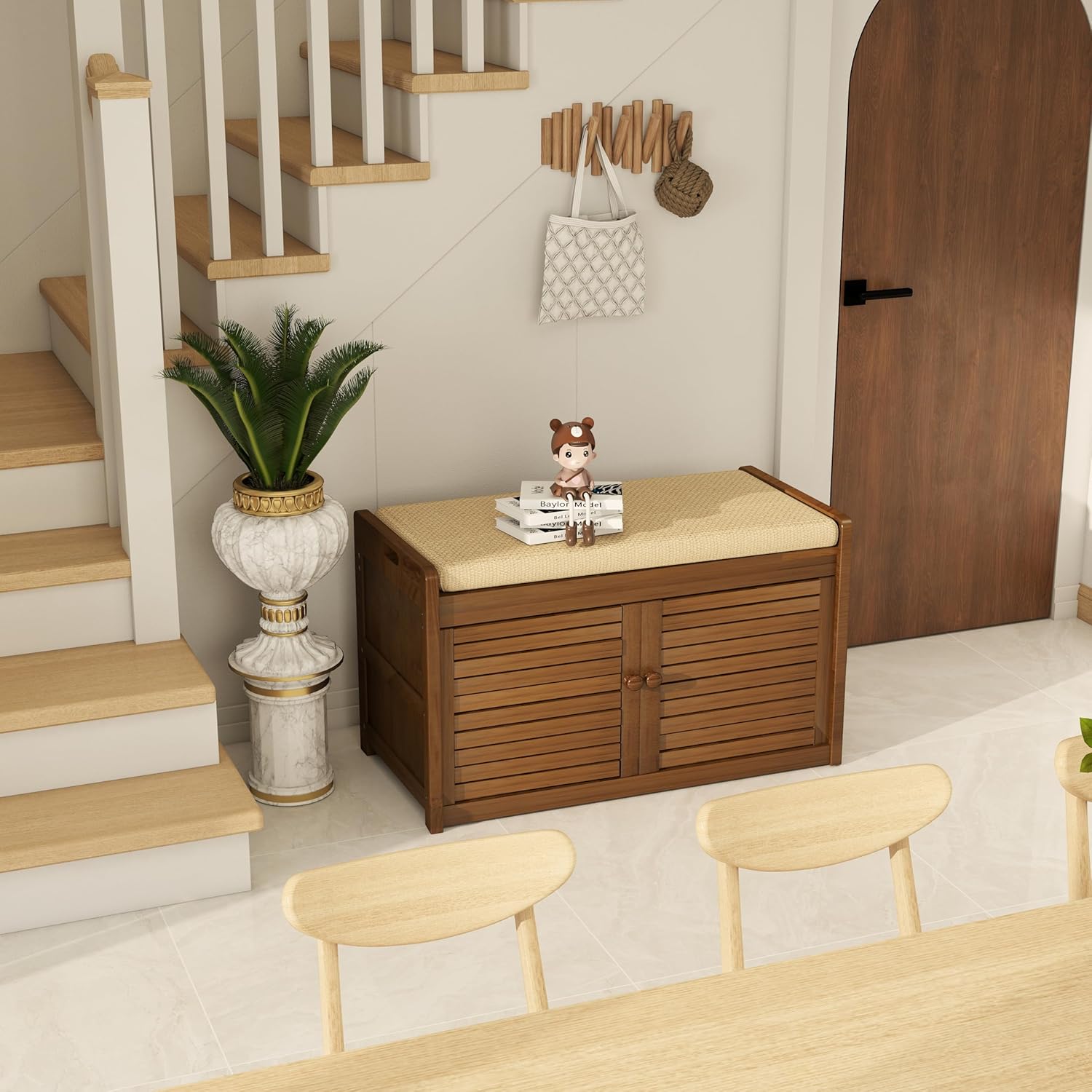 Wilk Shoe Storage Bench, 2-Tier Shoe Cabinet with Padded Seat Cushion, Bamboo Entryway Bench with 2 Doors (31.49’’(L) x13.78’’(W) x18.9''(H))