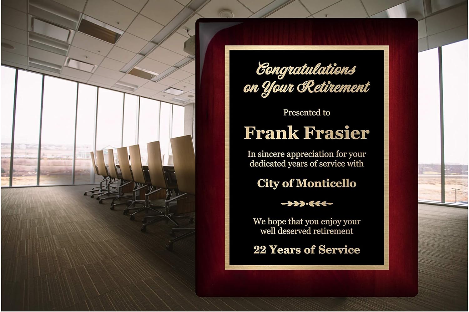 Customized Retirement Plaque 8x10 Executive Series, Personalized Award for Employees, Mahogany Piano Wood Board, Customize Now! : Office Products