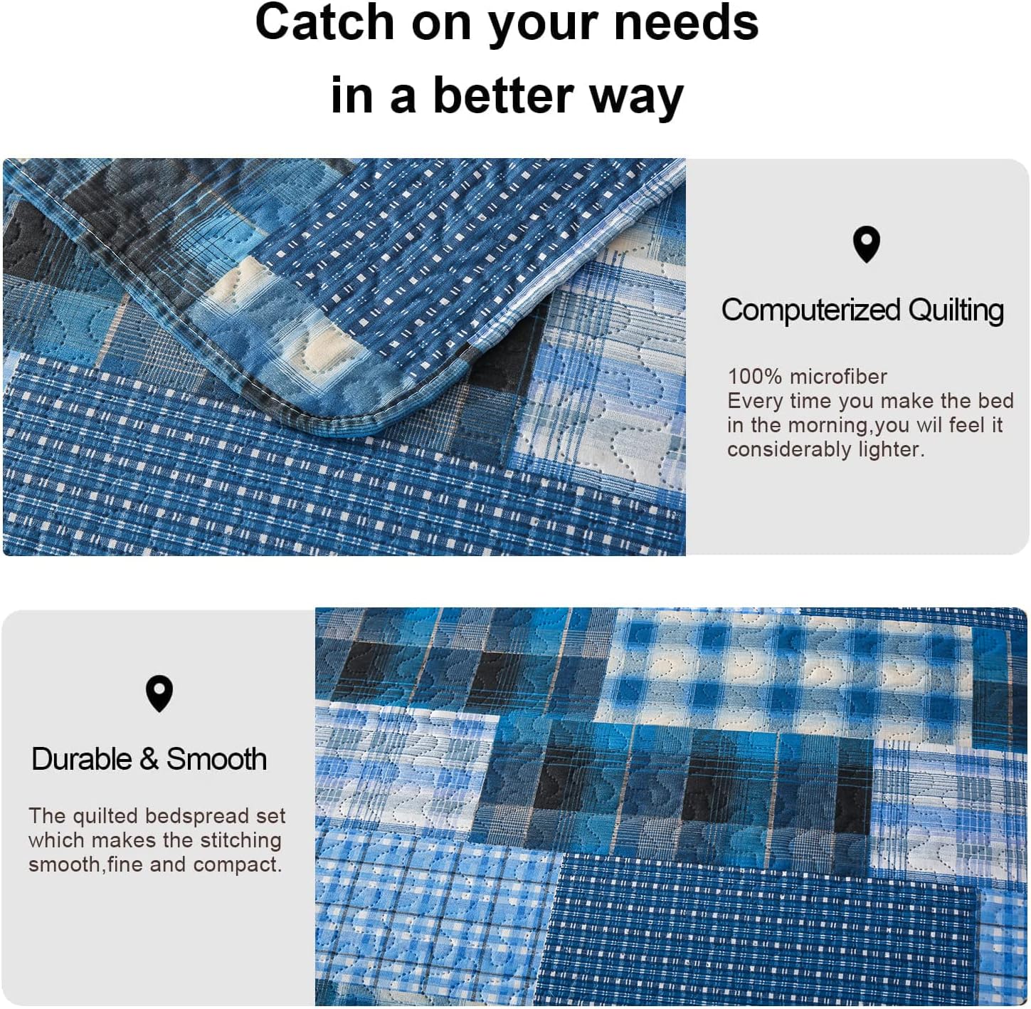 Quilt Set Queen Size Bedspread Coverlet Blue Plaid Patchwork Quilt Bedding Mens Boys Quilts Queen Bed Home Reversible Quilt Bedspread Lightweight Coverlet Soft Microfibers Quilt Set All Season - Image 6