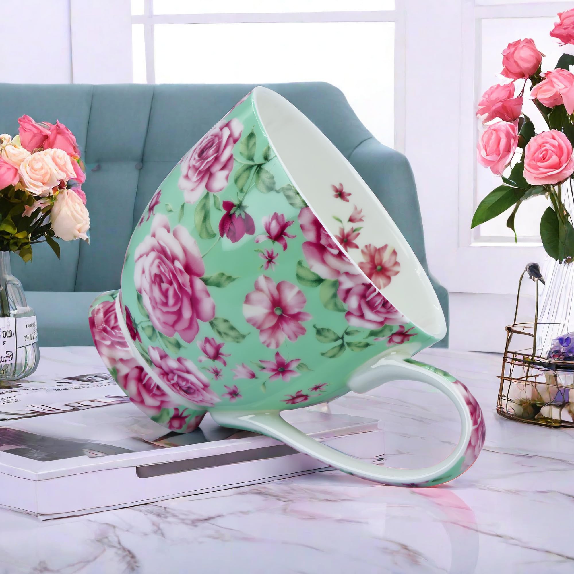 Tazas de café de porcelana de hueso de 16 onzas para mujer, tazas de café y té, tazas de café novedosas, regalo para mujeres, mamá, amigas (rosa verde)