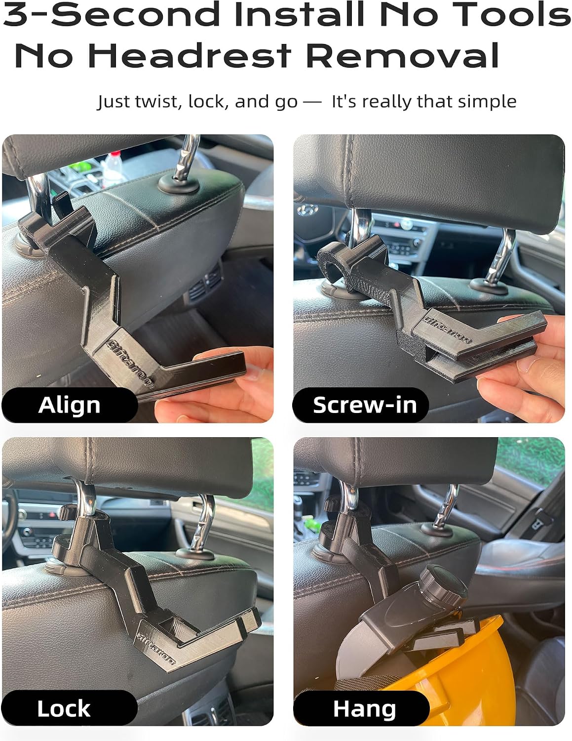Hard Hat Holder for Truck - 3-Second Install Headrest Hook Hanger for Hardhat and Safety Vest Storage, Hard Hat Buddy Rack for Construction, Utility, Linemen & Miners