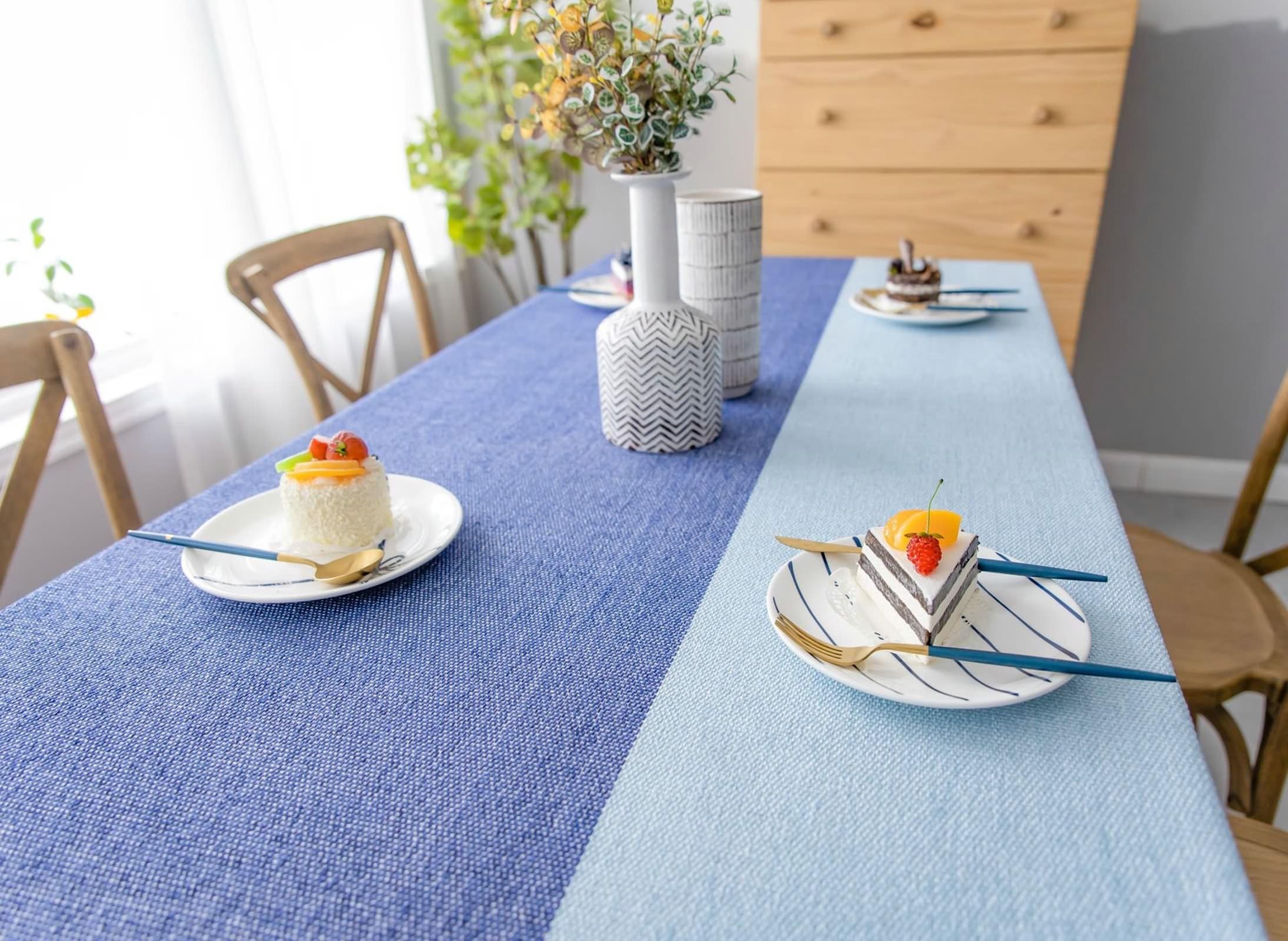 Mantel antimanchas, rectangular, de algodón y lino, para salón, lavable, con juntas, color degradado con borlas, manteles para restaurante azul, 140 x 200 cm