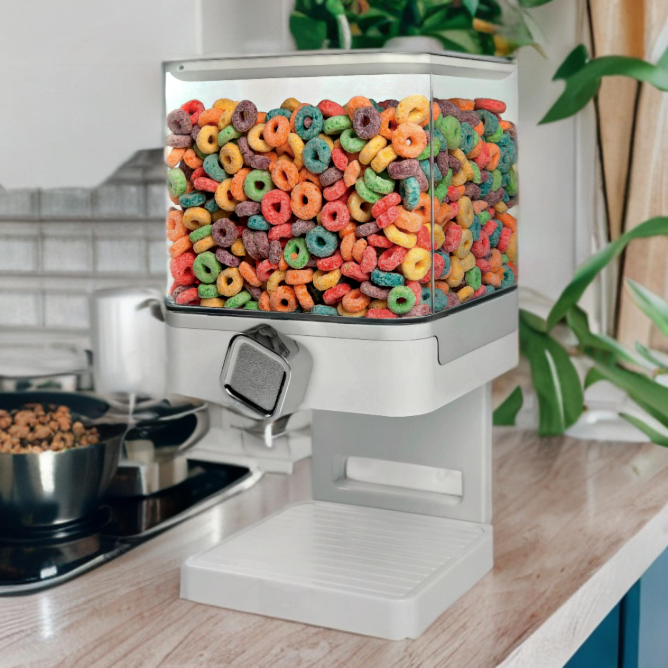 Honey Can Do Dispenser singolo Zevro per alimenti secchi, edizione compatta, plastica, Bianco/Trasparente, Bianco/Cromato