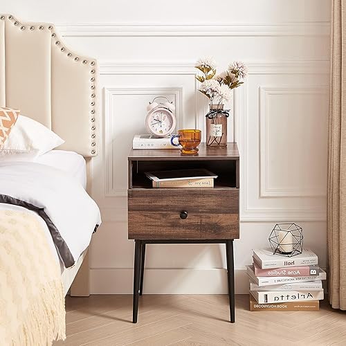 Miniatura 49 de VECELO Juego de 2 mesitas de noche modernas, mesa auxiliar cuadrada con cajón y espacio de almacenamiento para dormitorio y sala de estar Marrón