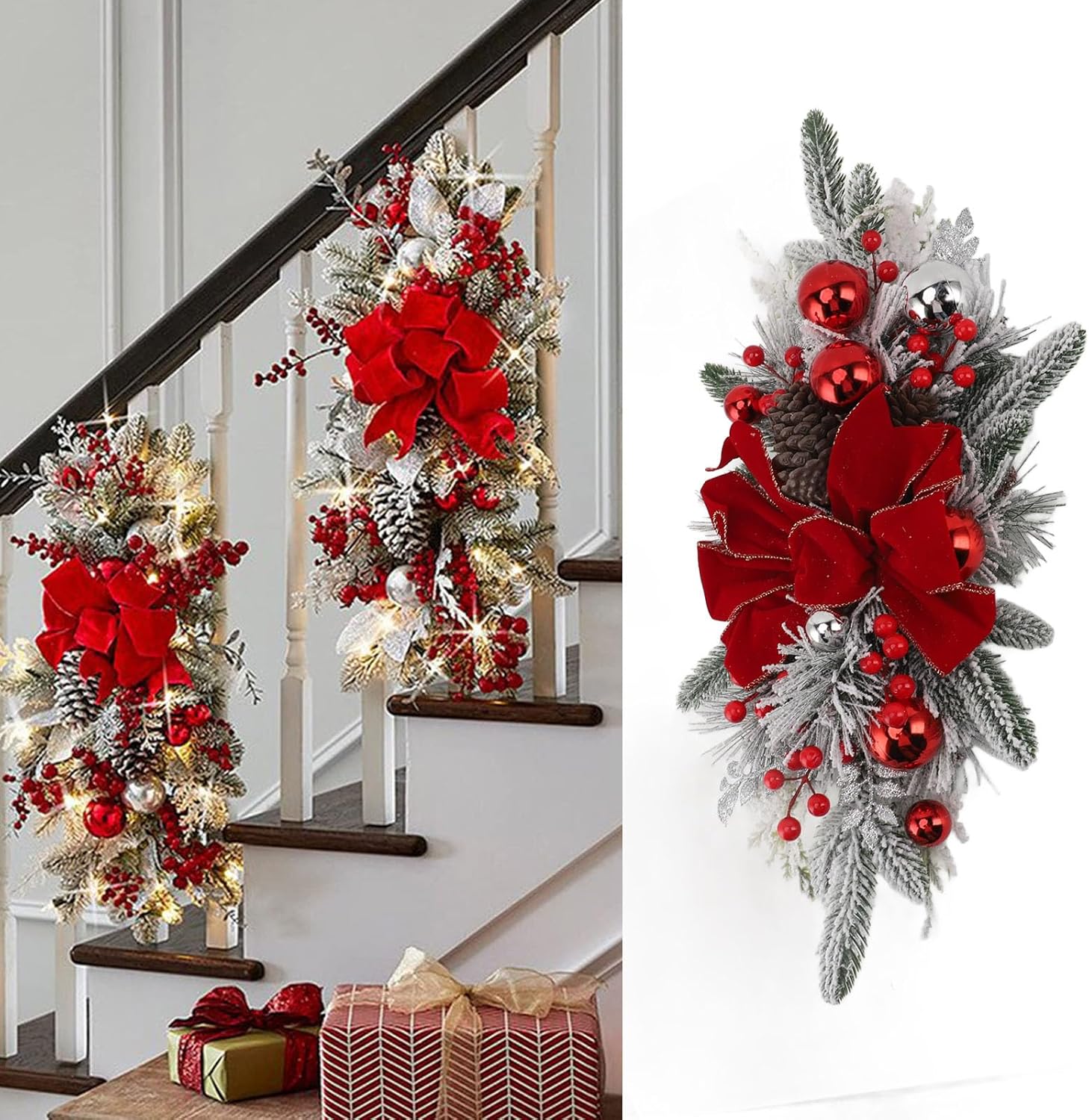 LED Christmas Teardrop Swag, Artificial Stairs Swag Garland, Pine Cones, Red Berries, Indoor and Outdoor Xmas Decoration with Snow, Rattan, PVC Material, 60x30cm (Red Without