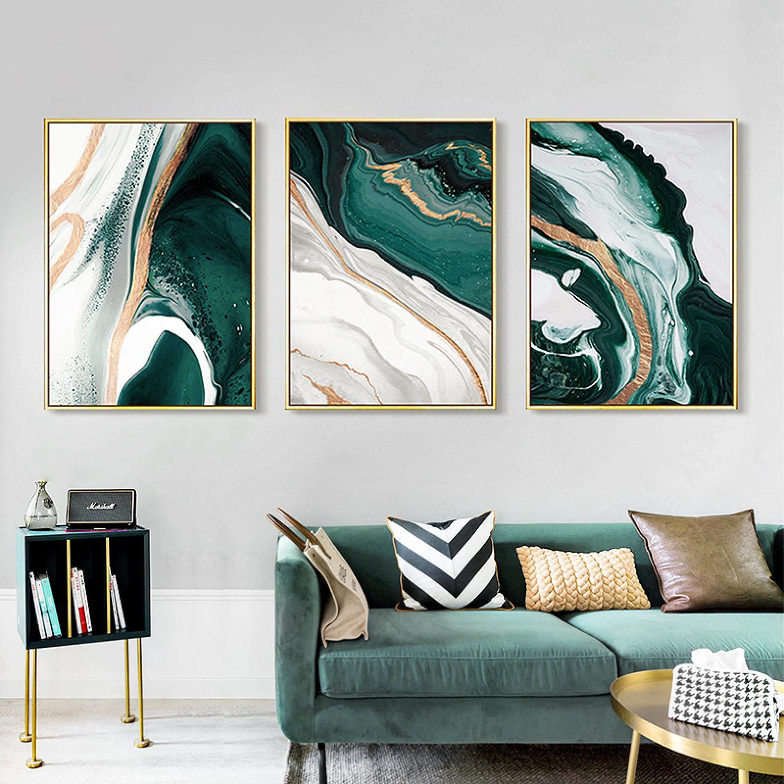 Peintures toile art abstrait haut de gamme vert et feuille d'or moderne 20x30cm x3 - 8