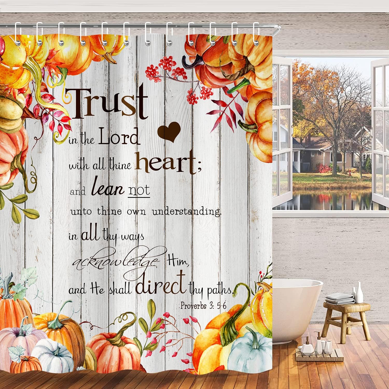 Fall Pumpkin Shower Curtain, Autumn Thanksgiving Harvest Shower Curtains, Motivational Inspirational Quotes Christian Bible Verses Scripture Quotes Polyester Cloth Bathroom Curtains 70X85 inch
