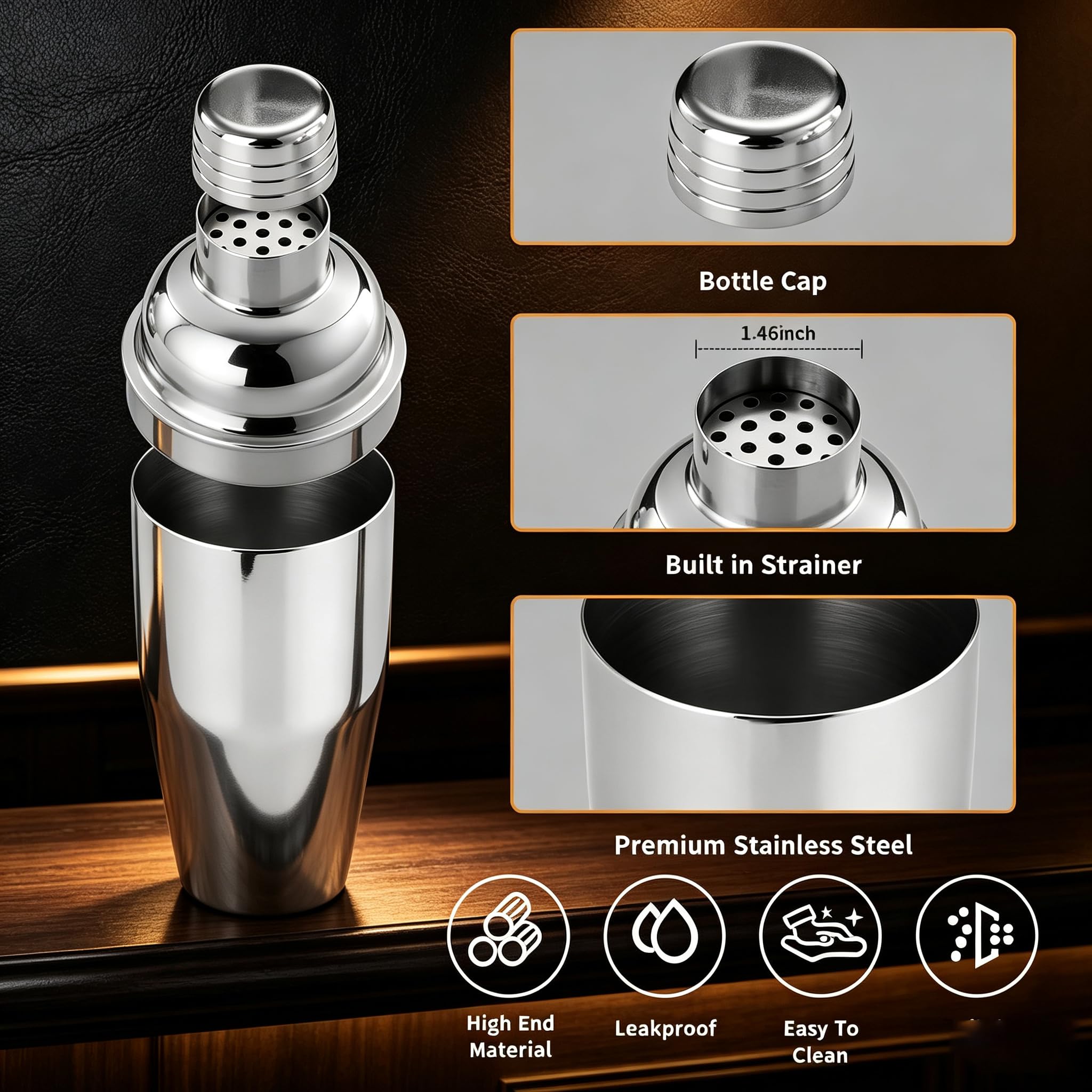 Cocktail Shaker con Supporto &Ricettario, Kit Barman Professionale da 750ml, Acciaio di Qualità Premium da 10pc per Regali per Uomini, Donne, Amanti dei Cocktail, Set da Barista per Feste da Bar