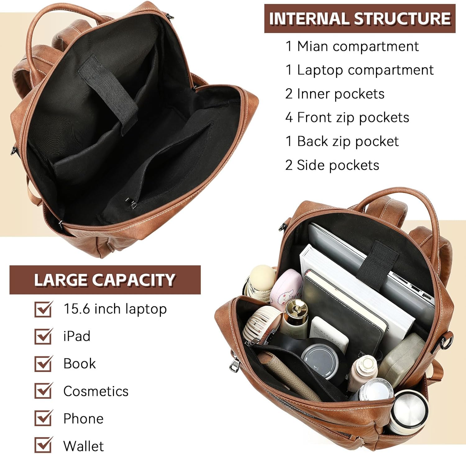 Vegan Leather Laptop Backpack for Women 15.6 Inch Work Backpack Purse for Travel College - Image 3