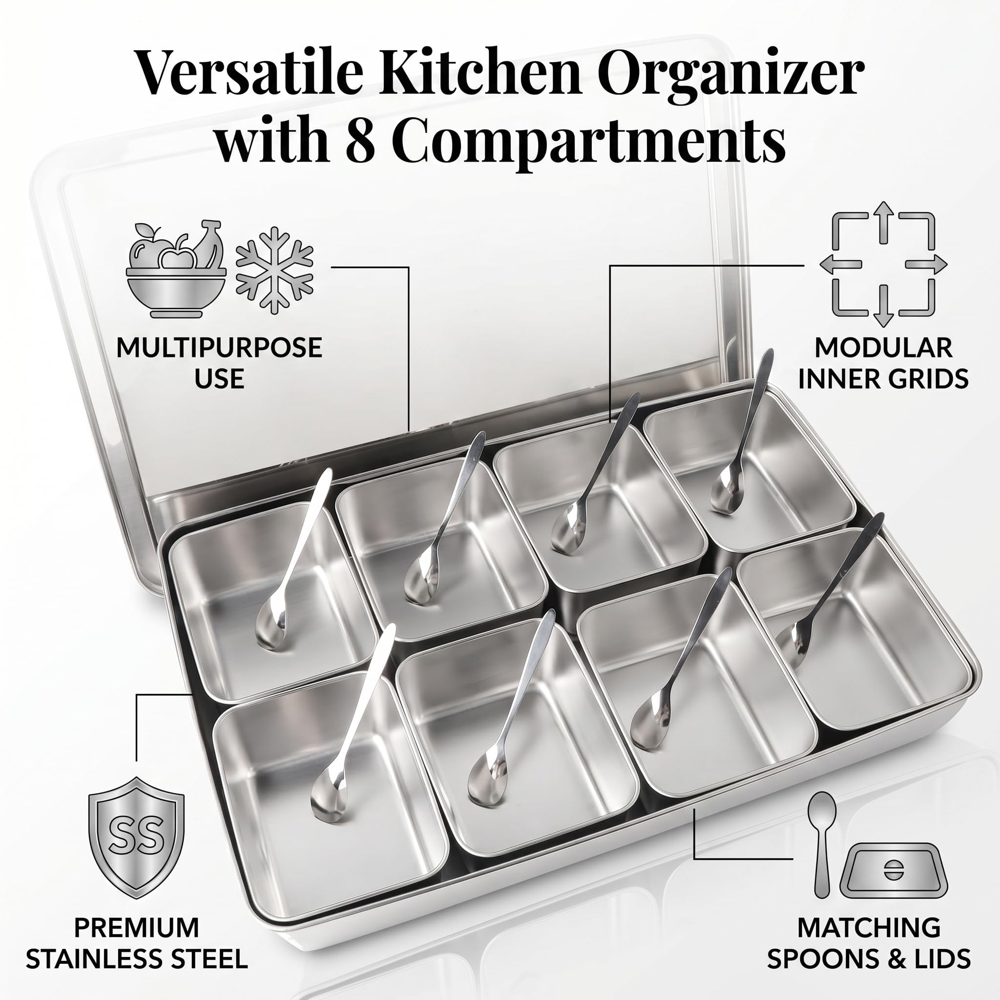 Scatola per Spezie Acciaio Inox, 8 Scomparti Rimovibili Multiuso per, Contenitore Condimenti con Coperchio Antipolvere, Set Completo per Spezie Snack Farina Frigorifero