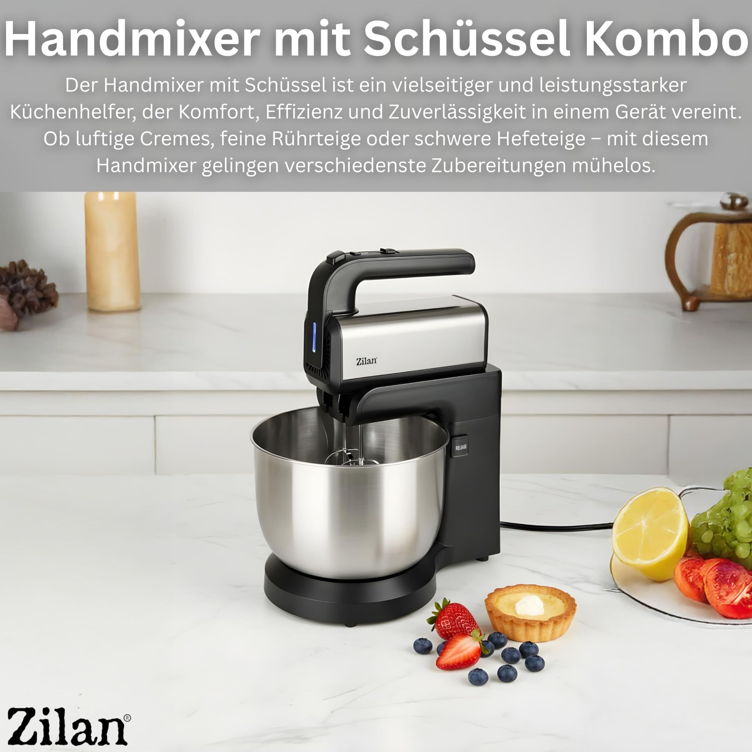 Handmixer mit Rührschüssel 500W – Elektrischer Handrührer mit 3,5 L Edelstahl-Schüssel Knetmaschine automatischer Rotation, 5 Stufen, Turbo 2x Rührhaken & Knethaken Küchenmixer Teigknetmaschine