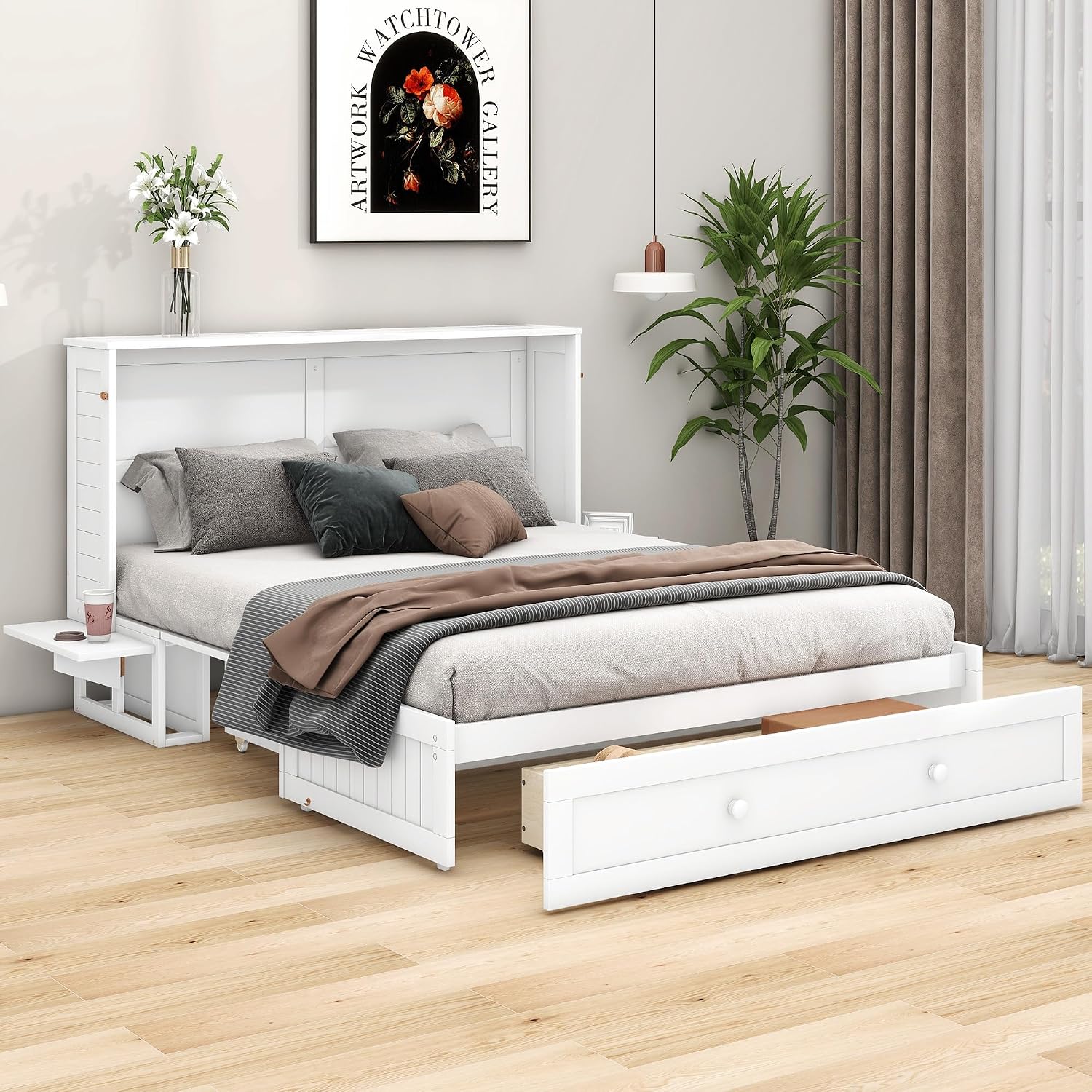 Cabinet Bed with Drawers Mobile Wooden Bed with Small Shelf Convertible Platform Beds Bed Cabinet Functional Bed White 140 x 200 cm