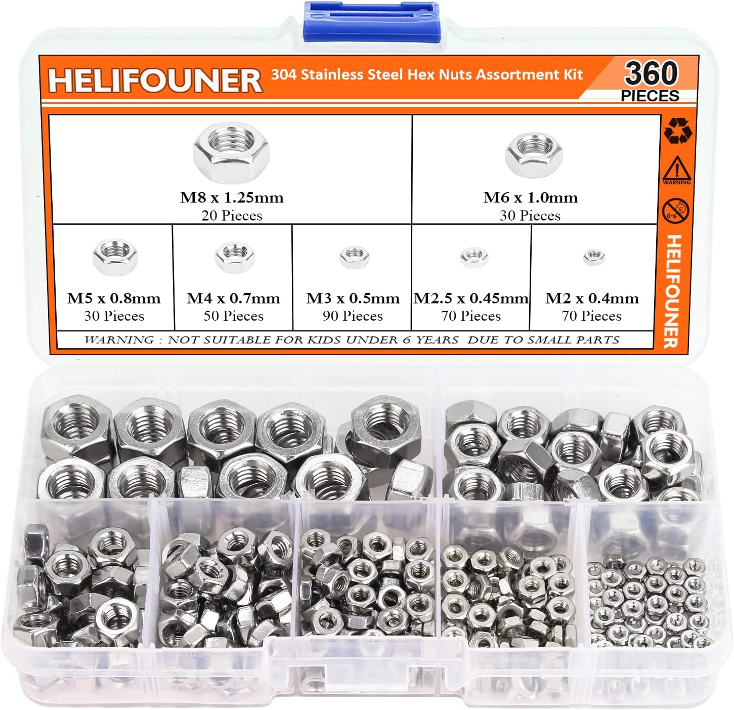360 Pieces 7 Sizes 304 Stainless Steel Hex Nuts Assortment Kit (M2 M2.5 M3 M4 M5 M6 M8)