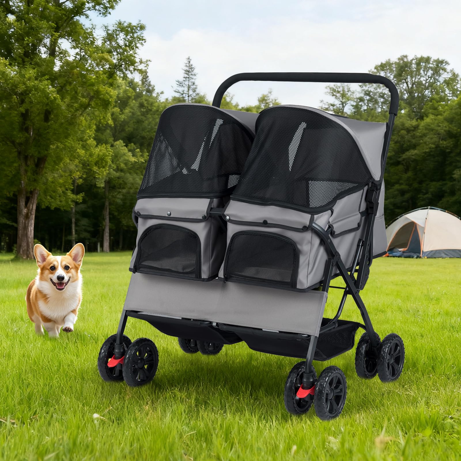 COSTWAY Passeggino Doppio per Cani, Carrozzina Pieghevole a 2 Posti con Tettuccio Regolabile, Cuscino Rimovibile, Cintura di Sicurezza, Cestino e 4 Ruote, Passeggino per 2 Cuccioli e Gatti (Grigio)