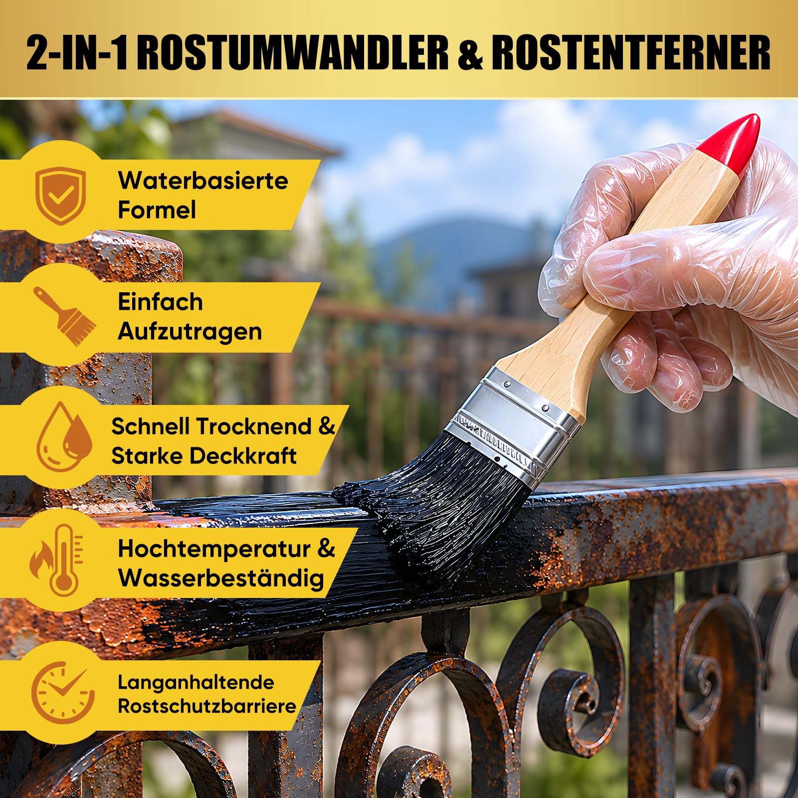 2-in-1 Schwarz Rostumwandler & Rostentferner, 1KG Grundierung Metall,Wasserfeste Hitzebeständig Rostumwandler Auto Metallschutzlack,Langlebige Rostschutzbeschichtung für Metall,Stahl & Eisen