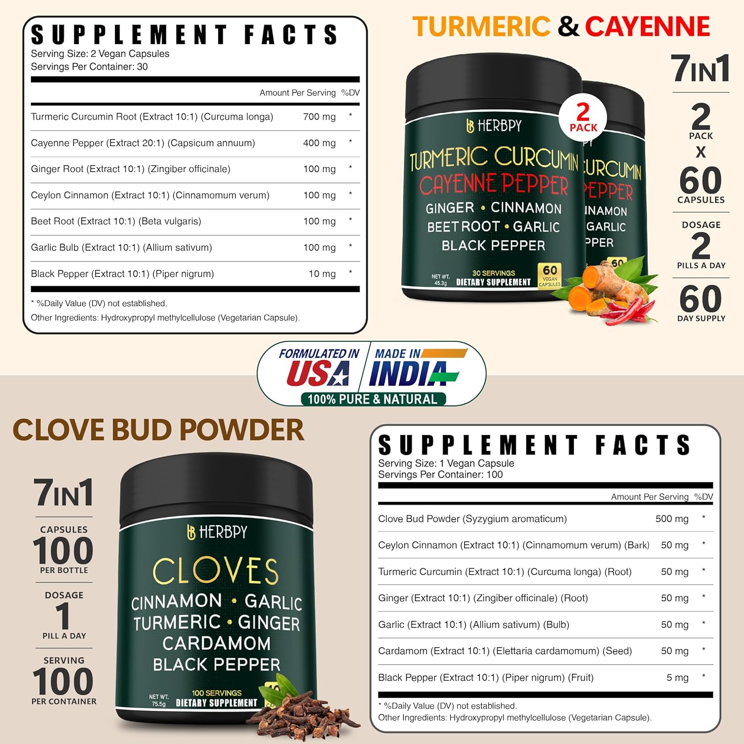 Herbpy Bundle 7in1 Turmeric Curcumin Supplements & 7in1 Clove Supplement