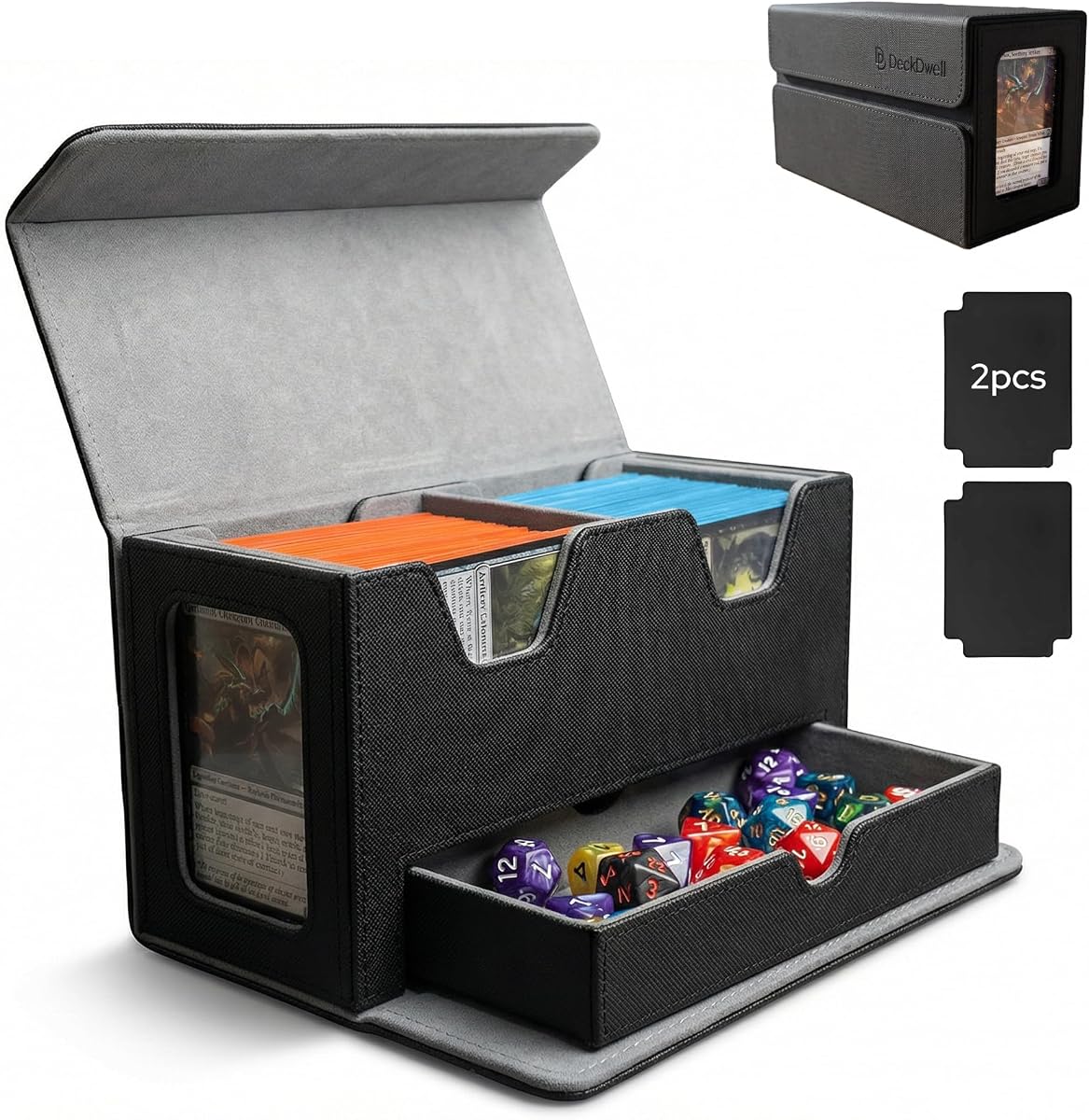 Double Deck Box MTG Commander 200+ Cards with Dice Tray Black | Dual display for quick ID. Durable PU leather, soft lining. Holds 200+ cards, includes dice tray, perfect for TCG.
