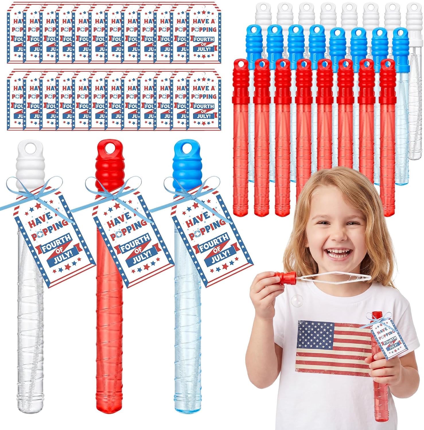 Soulchen 24 Pcs 4th of July Party Favors 250th 10.6" Patriotic Bubble Wands Bulk Red White and Blue Large Bubbles Wands for Kids Independence Day Party Supplies Fourth of July Gifts