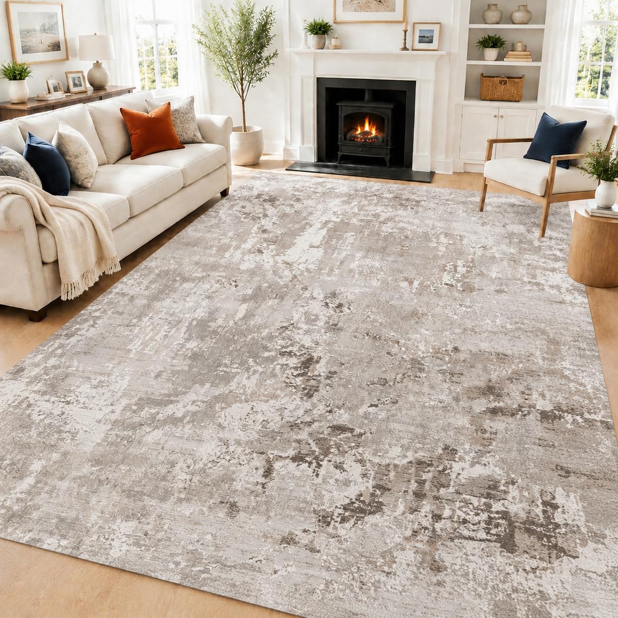 Carpesite Washable Short Pile Area Rugs for Living Room & Bedroom – Warm Tone Textured Abstract Print, Anti Slip Carpet, Extra Large Soft Non Shedding Floor Mat for Hall, Dining Room, Home Office